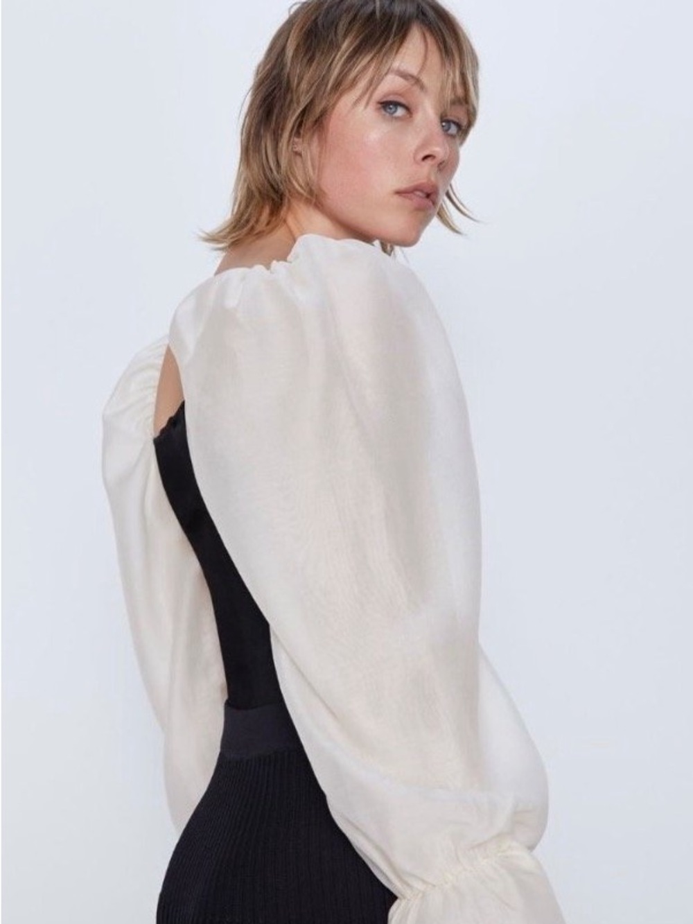 Zara Knit Sweater Organza Puff Sleeves Black Cream - Picture 6 of 6